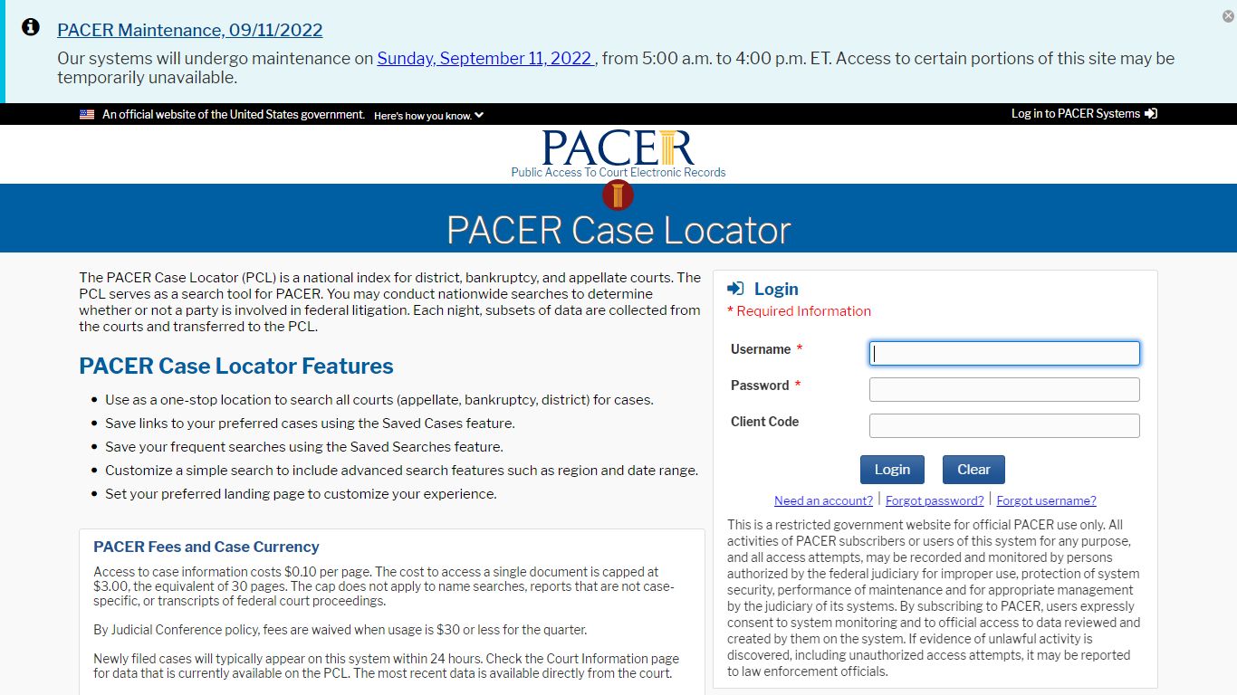 PACER | PACER Case Locator